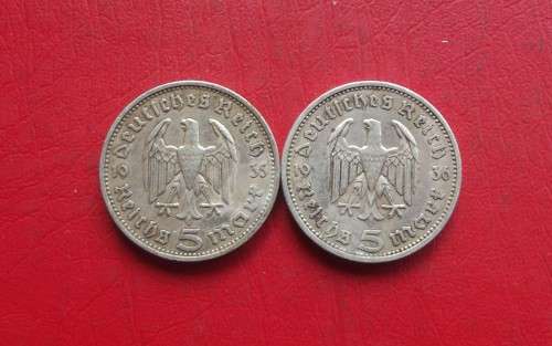 2 X GERMAN REICH SILVER 5 MARK COINS. 1935/36. 90% SILVER. 13.88 GRAMS EACH. BID PER COIN TO TAKE 2.