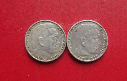 2 X GERMAN REICH SILVER 5 MARK COINS. 1935/36. 90% SILVER. 13.88 GRAMS EACH. BID PER COIN TO TAKE 2.
