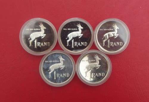 5  X  PROOF RSA SILVER RANDS. SEALED IN SAM CAPSULE. BID PER RAND TO TAKE 5.