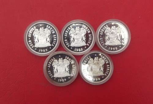 5  X  PROOF RSA SILVER RANDS. SEALED IN SAM CAPSULE. BID PER RAND TO TAKE 5.