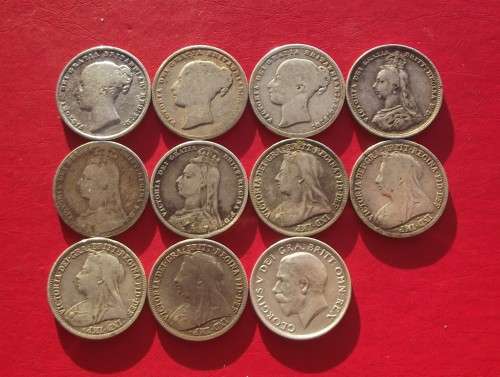 11 X ENGLAND STERLING SILVER SHILLINGS. 1846 - 1917. BID PER COIN TO TAKE ALL 11.