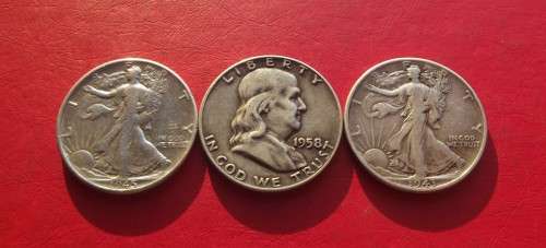 3 X USA SILVER (.900) HALF DOLLARS. 1943/45/58. BID PER COIN TO TAKE ALL 3.