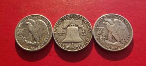 3 X USA SILVER (.900) HALF DOLLARS. 1943/45/58. BID PER COIN TO TAKE ALL 3.