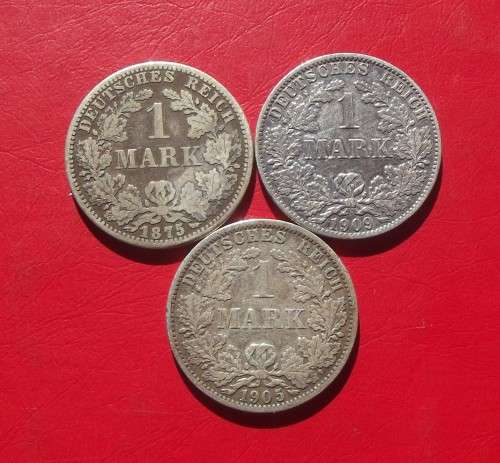 3 X GERMAN EMPIRE 1 MARK SILVER COINS. 90% SILVER. BID PER COIN TO TAKE ALL.