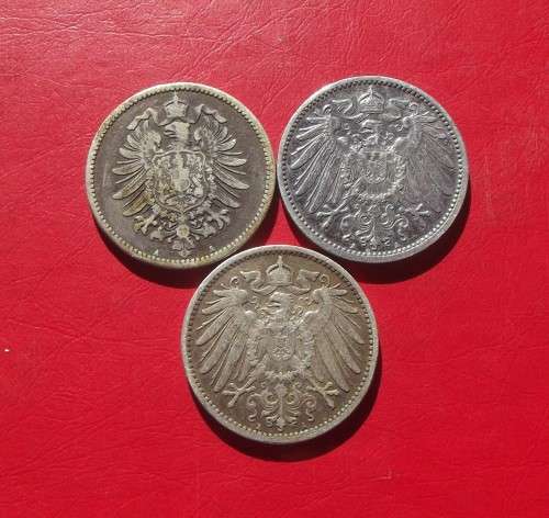 3 X GERMAN EMPIRE 1 MARK SILVER COINS. 90% SILVER. BID PER COIN TO TAKE ALL.