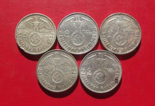 5 X GERMAN REICH 2 MARK SILVER COINS. BID PER COIN TO TAKE ALL.