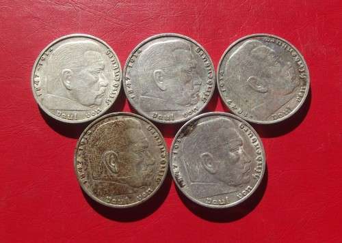 5 X GERMAN REICH 2 MARK SILVER COINS. BID PER COIN TO TAKE ALL.