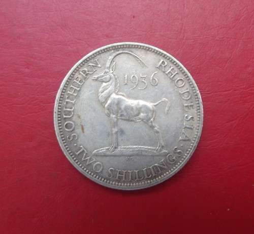 SCARCE 1936 SOUTHERN RHODESIA STERLING SILVER 2 SHILLINGS. BEAUTIFUL COIN.