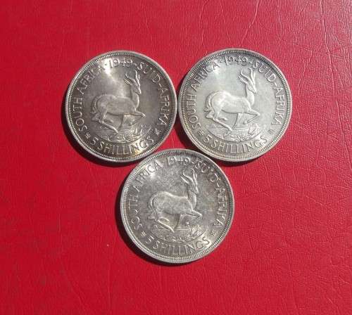 3  X BEAUTIFUL 1949 SILVER 5 SHILLING COINS. BID IS PER COIN TO TAKE ALL.