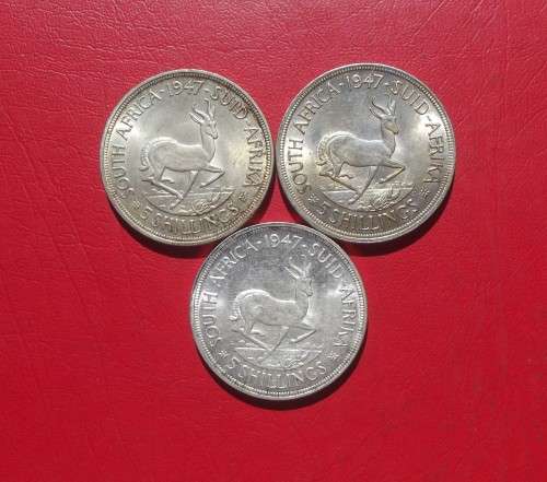 3  X BEAUTIFUL 1947 SILVER 5 SHILLING COINS. SCARCE. BID IS PER COIN TO TAKE ALL.