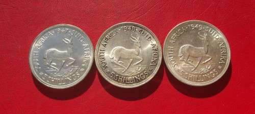SET OF 3 X SILVER UNION 5 SHILLINGS / CROWNS. 80% SILVER. 1947/48/49. BID IS PER COIN TO TAKE ALL 3.