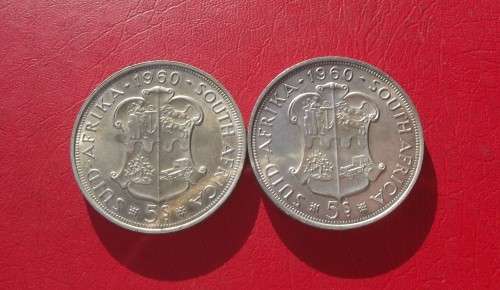 SET OF 2 X 1960 UNCIRC SILVER UNION 5 SHILLINGS / CROWNS. 50% SILVER. BID PER COIN TO TAKE BOTH.
