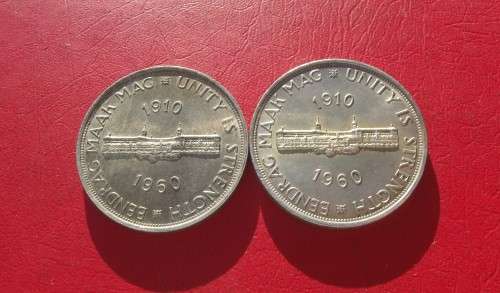 SET OF 2 X 1960 UNCIRC SILVER UNION 5 SHILLINGS / CROWNS. 50% SILVER. BID PER COIN TO TAKE BOTH.