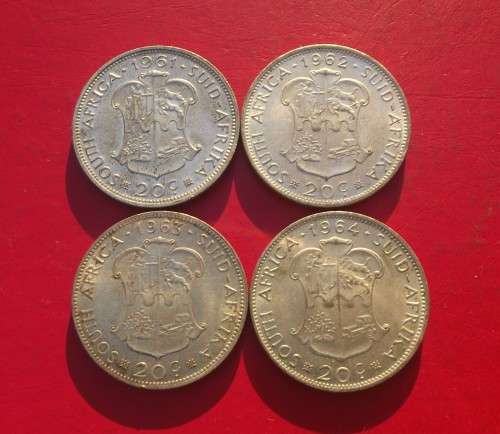 SET OF 4 UNCIRCULATED SILVER 20C COINS - 1961/1962/1963/1964. BID PER COIN TO TAKE ALL.