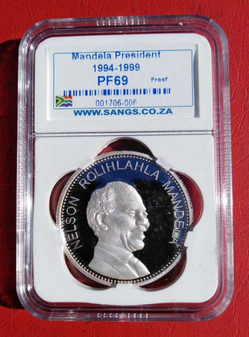 MANDELA PF69 SILVER PLATED MEDALLION. 2ND HIGHEST GRADE. BEAUTIFUL.