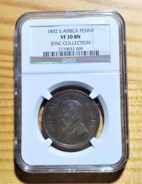 ZAR 1892 PENNY. NGC VF30BN. JDNC COLLECTION.