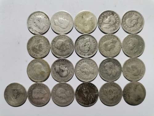 21 X 80% SILVER 3P COINS. BID PER COIN TO TAKE ALL.