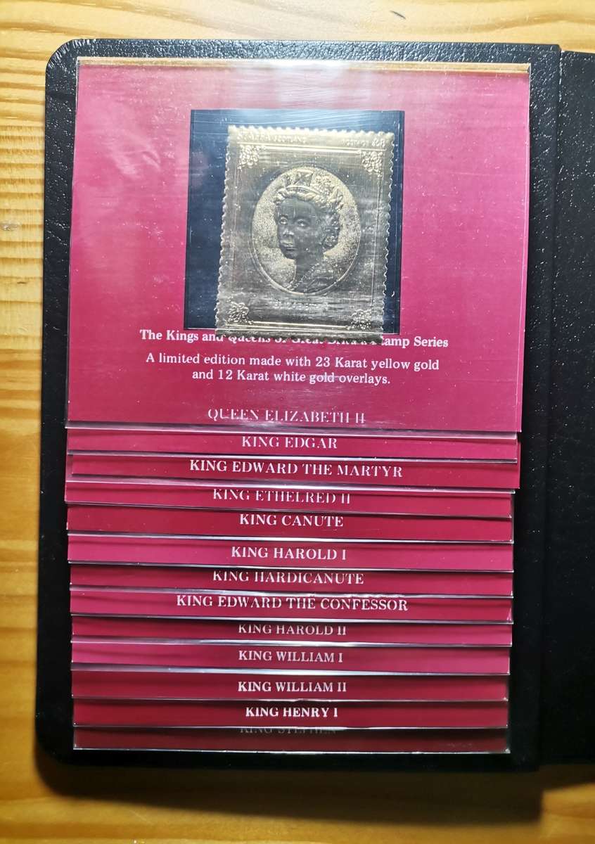 1977 SET OF 49 X 23CT GOLD STAMPS. KINGS AND QUEENS OF ENGLAND.