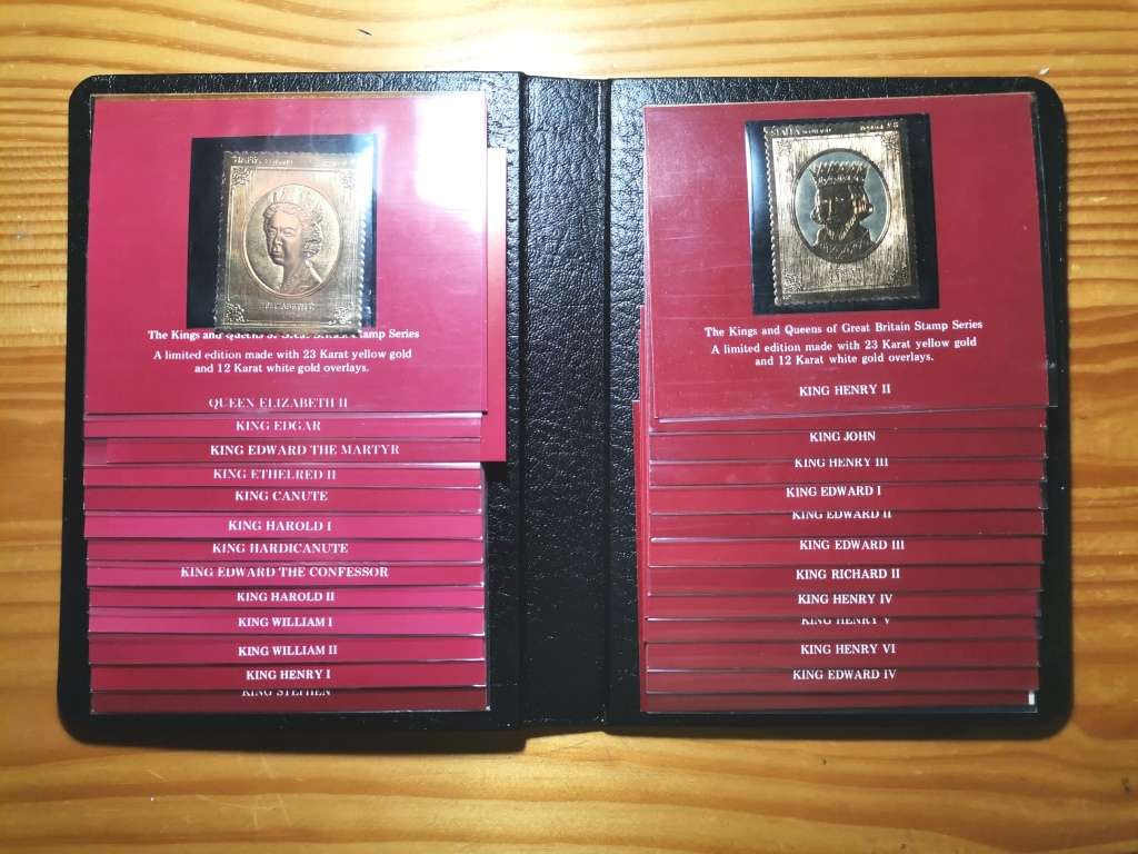 1977 SET OF 49 X 23CT GOLD STAMPS. KINGS AND QUEENS OF ENGLAND.