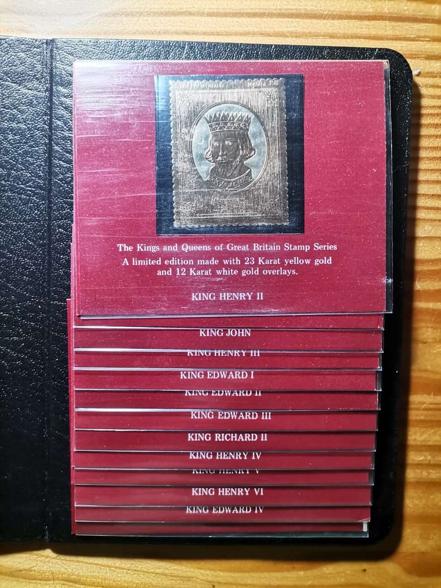 1977 SET OF 49 X 23CT GOLD STAMPS. KINGS AND QUEENS OF ENGLAND.