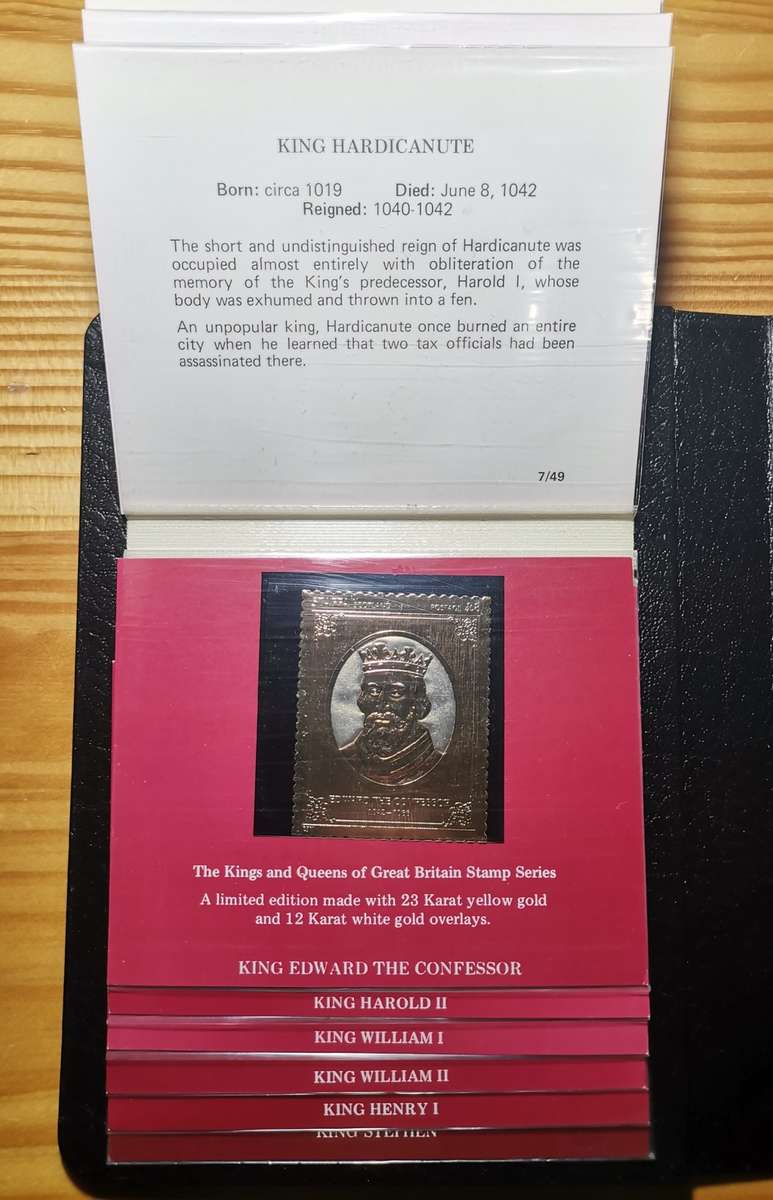 1977 SET OF 49 X 23CT GOLD STAMPS. KINGS AND QUEENS OF ENGLAND.