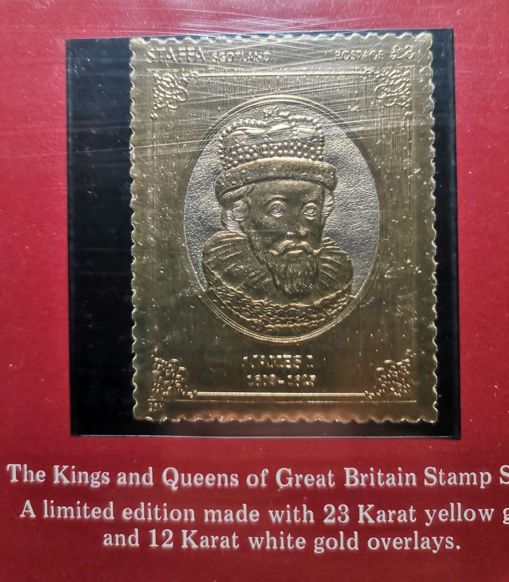 1977 SET OF 49 X 23CT GOLD STAMPS. KINGS AND QUEENS OF ENGLAND.