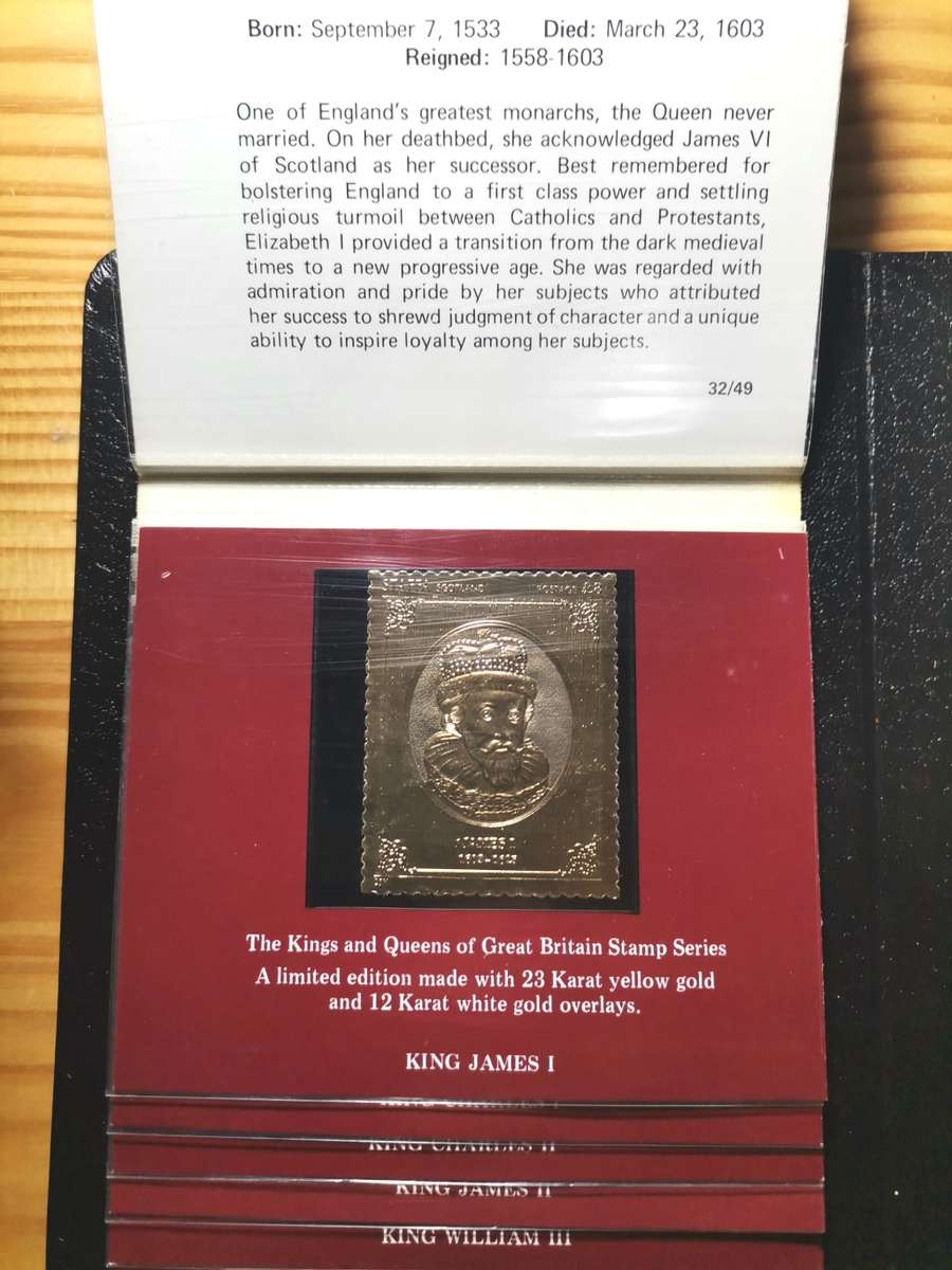 1977 SET OF 49 X 23CT GOLD STAMPS. KINGS AND QUEENS OF ENGLAND.