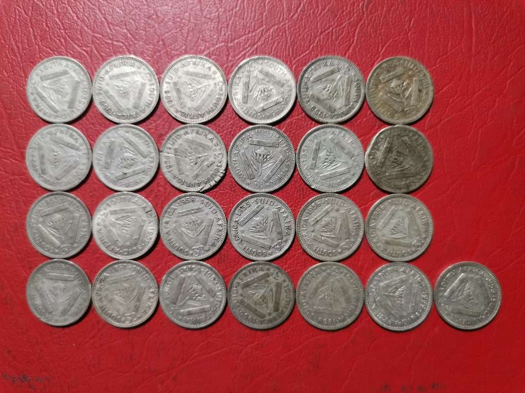 25 X SA UNION 50% SILVER 3P (TICKEY) COINS. BID PER COIN TO TAKE ALL