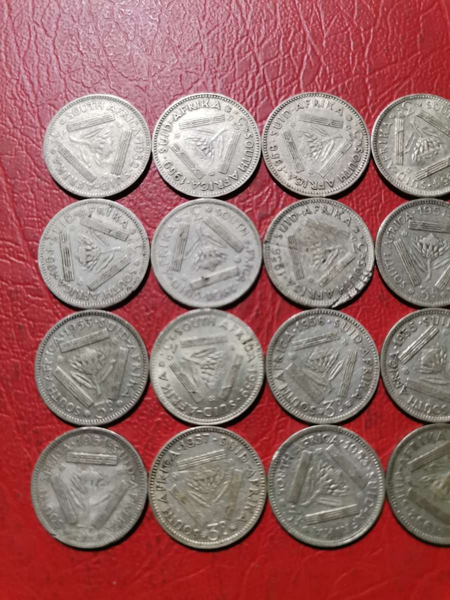 25 X SA UNION 50% SILVER 3P (TICKEY) COINS. BID PER COIN TO TAKE ALL