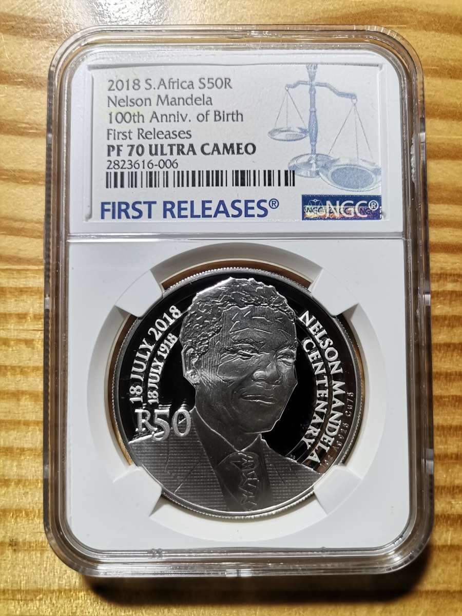 MANDELA 2018 SILVER 1 OUNCE R50. PROOF 70UC. NGC. HIGHEST GRADE. FIRST RELEASES.
