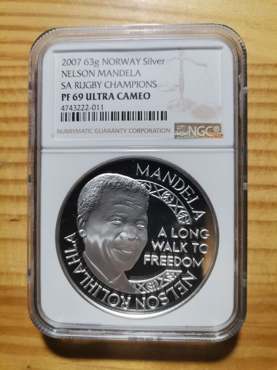 VERY SCARCE 2 OUNCE 63g SILVER MANDELA / SA RUGBY MEDALLION. NGC PF69UC. MINT OF NORWAY.