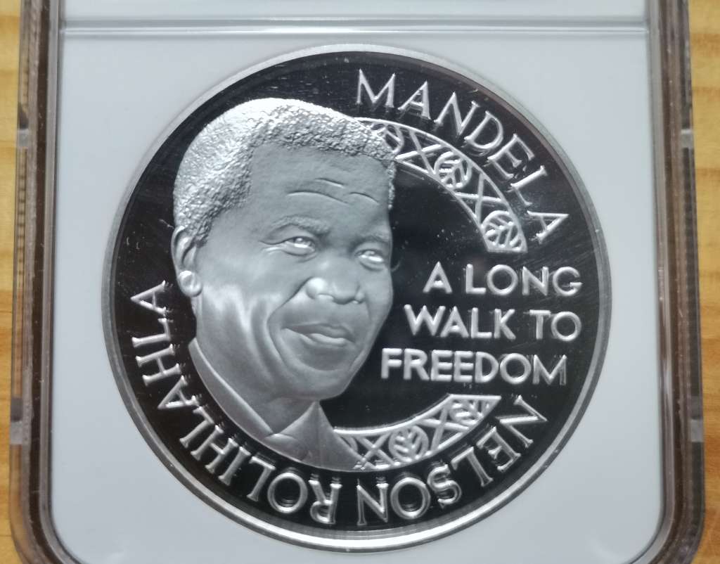 VERY SCARCE 2 OUNCE 63g SILVER MANDELA / SA RUGBY MEDALLION. NGC PF69UC. MINT OF NORWAY.