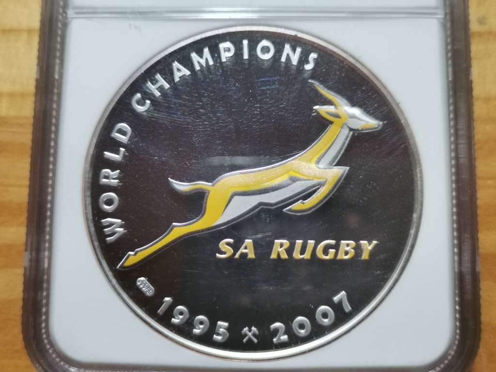 VERY SCARCE 2 OUNCE 63g SILVER MANDELA / SA RUGBY MEDALLION. NGC PF69UC. MINT OF NORWAY.