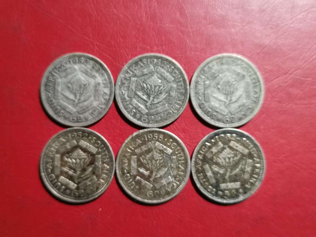 6 X SA UNION SILVER 6 PENCE COINS. 50% SILVER. BID PER COIN TO TAKE ALL 6.