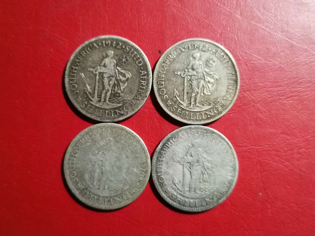4 X SA UNION SILVER 1 SHILLINGS. 80% SILVER. BID PER COIN TO TAKE ALL 4.