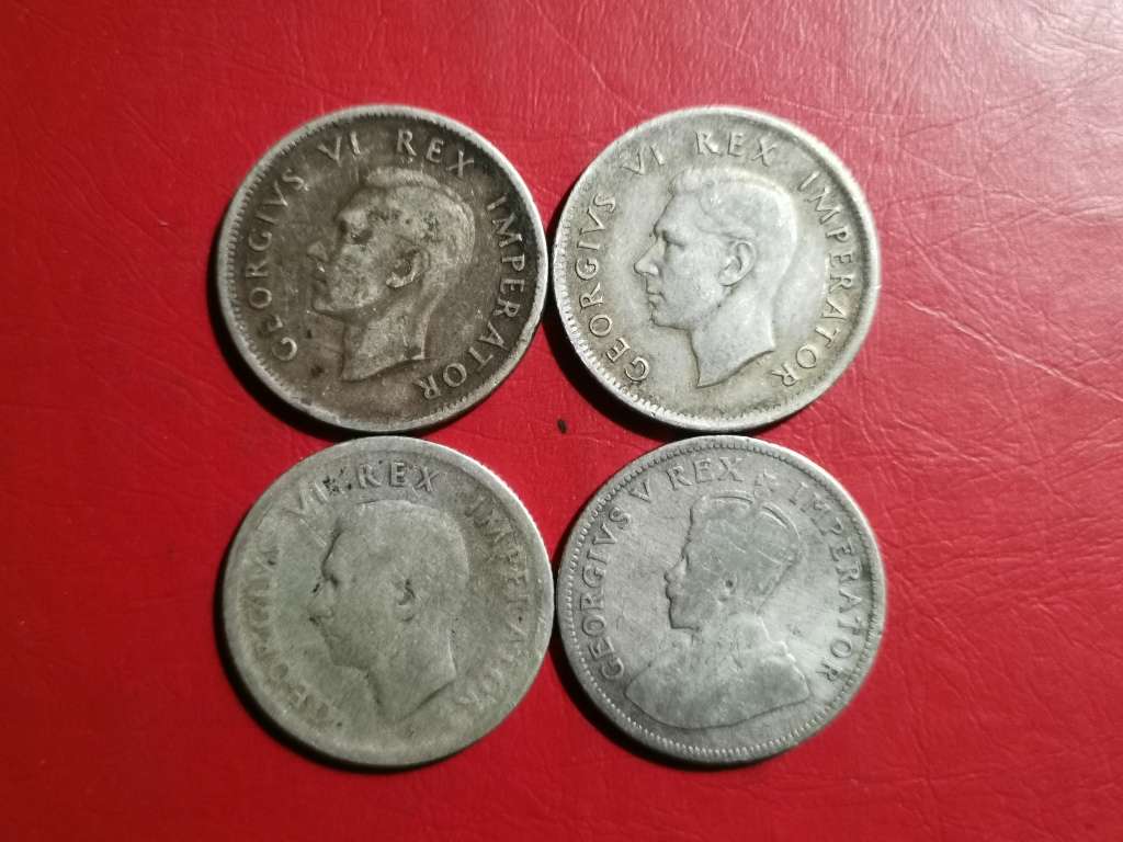 4 X SA UNION SILVER 1 SHILLINGS. 80% SILVER. BID PER COIN TO TAKE ALL 4.