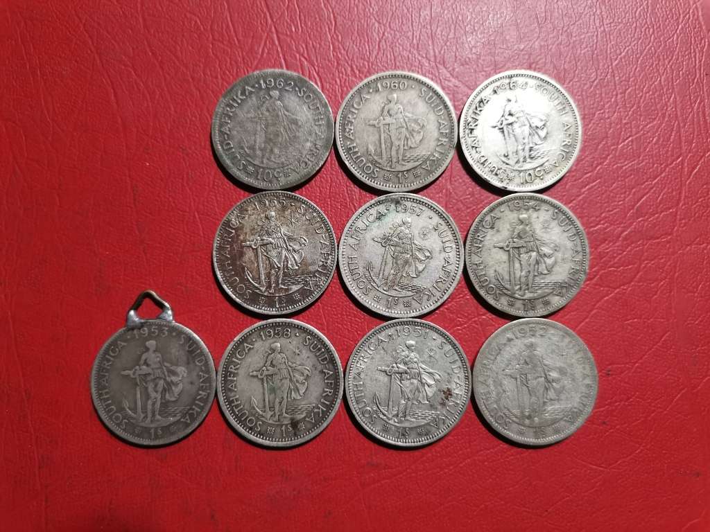 10 X SA UNION SILVER 1 SHILLINGS. 50% SILVER. BID PER COIN TO TAKE ALL 10.
