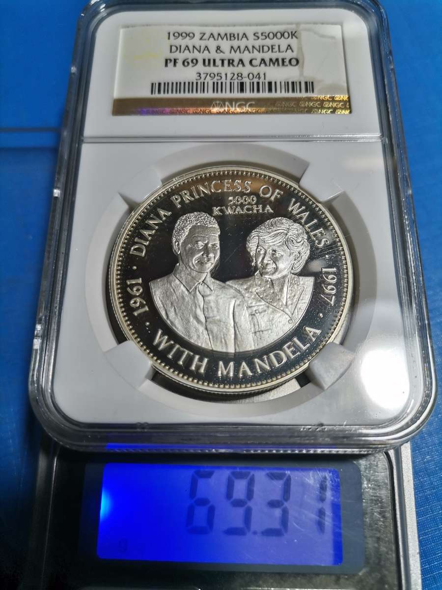 1997 MANDELA/PRINCESS DIANA ZAMBIA 5000K 1 0Z SILVER MEDALLION.  PF69UC. HENS TEETH!!!