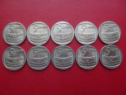10 x SA 1994 Presidential Inauguration R5 coins - circulated.  Bid per R5 to take all.