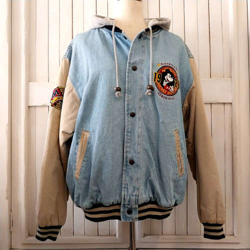 VINTAGE DISNEY MICKEY MOUSE FIRST CLASS, AMERICAN ORIGINAL VARSITY DENIM JACKET 1990s (LARGE)