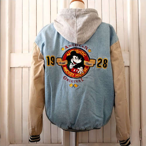 VINTAGE DISNEY MICKEY MOUSE FIRST CLASS, AMERICAN ORIGINAL VARSITY DENIM JACKET 1990s (LARGE)