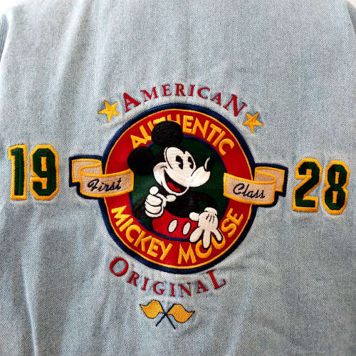 VINTAGE DISNEY MICKEY MOUSE FIRST CLASS, AMERICAN ORIGINAL VARSITY DENIM JACKET 1990s (LARGE)