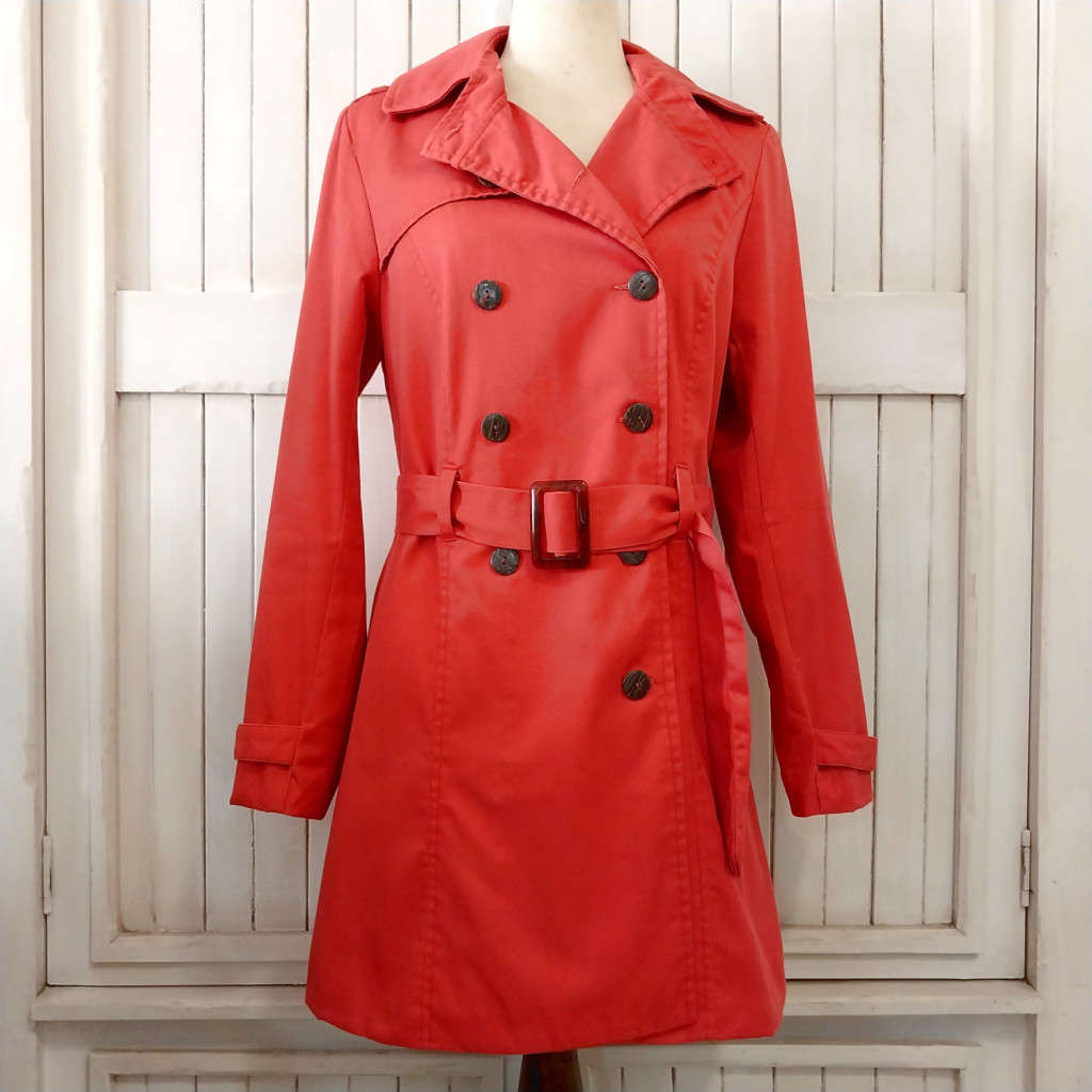 TRENDY COTTON TWILL TRENCH COAT - CORAL