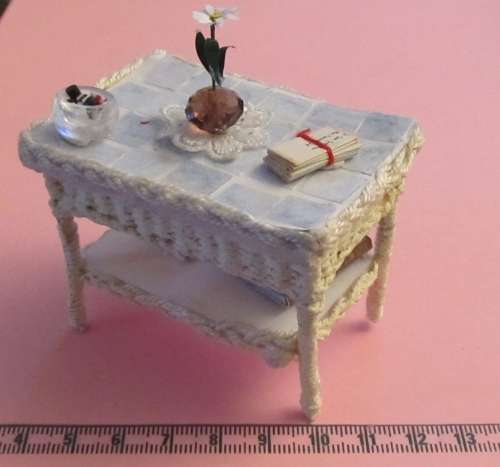 Dollhouse Miniature 1:12" scale - wicker table with faux tiled top. All handmade!