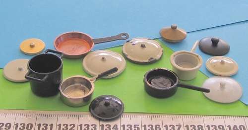 Miniature Dollhouse 1/12"  scale - pots, pans and various lids - mostly metal