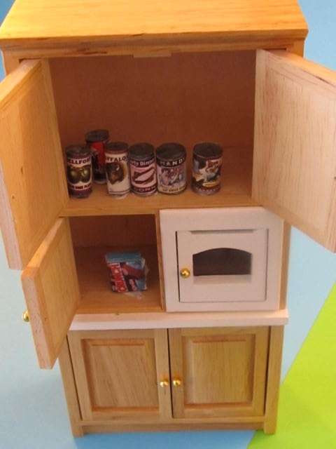 Miniature Dollhouse 1/12"  scale - kitchen unit with Microwave includes tins of food