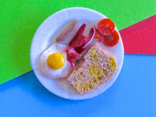 Miniature Dollhouse 1/12" scale - plate of food -  breakfast  Eggs, bacon, toast