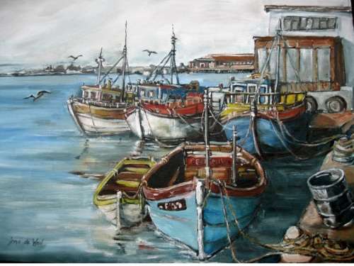 "Fishing vessels Lambertsbaai" 700x 500mm! Large! Original oil by IRMA DE WAAL Hang as is!!