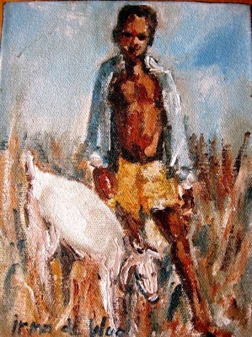"Boy with goat" 200x 150mm! Original oil by IRMA DE WAAL. Colourful!