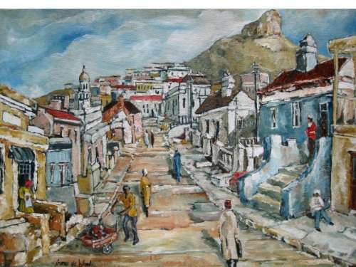 "Busy morning Malay Quarter Cape Town"LARGE 700x500x44mm Original oil by IRMA DE WAAL.